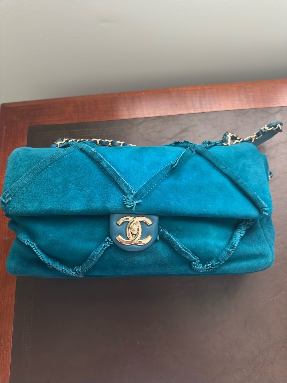 CHANEL Teal Suede Quilted Chain Shoulder Flap Bag